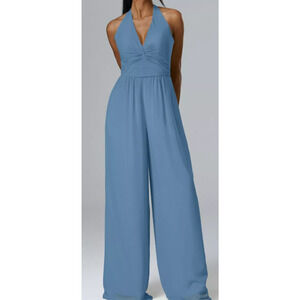 AW BRIDAL SZ 10 L dusty blue halter Semplice formal wide leg jumpsuit NEW B22